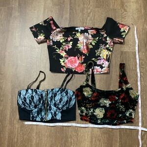 3 crop tops floral lace zipper small poof Charlotte Russe Ecote velvet